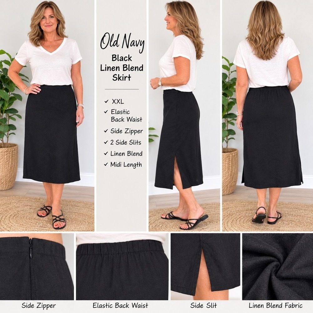 Old Navy Women's XXL Black Linen Blend Midi Skirt Elastic Back Side Zip Slits